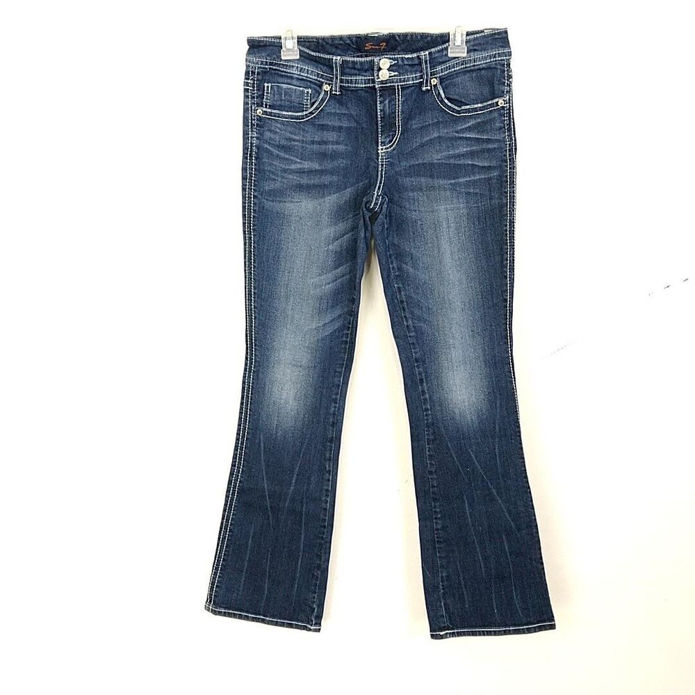 Seven7 Womens sz 8 Jeans Bootcut Med Wash Faded Denim Button Flap Pockets‎